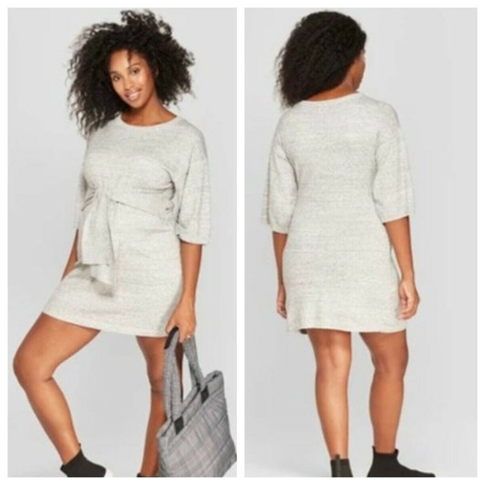 Isabel Maternity Sweater Dress sz L Heather Gray 3/4 Sleeve Tie Baby Bump Shirt